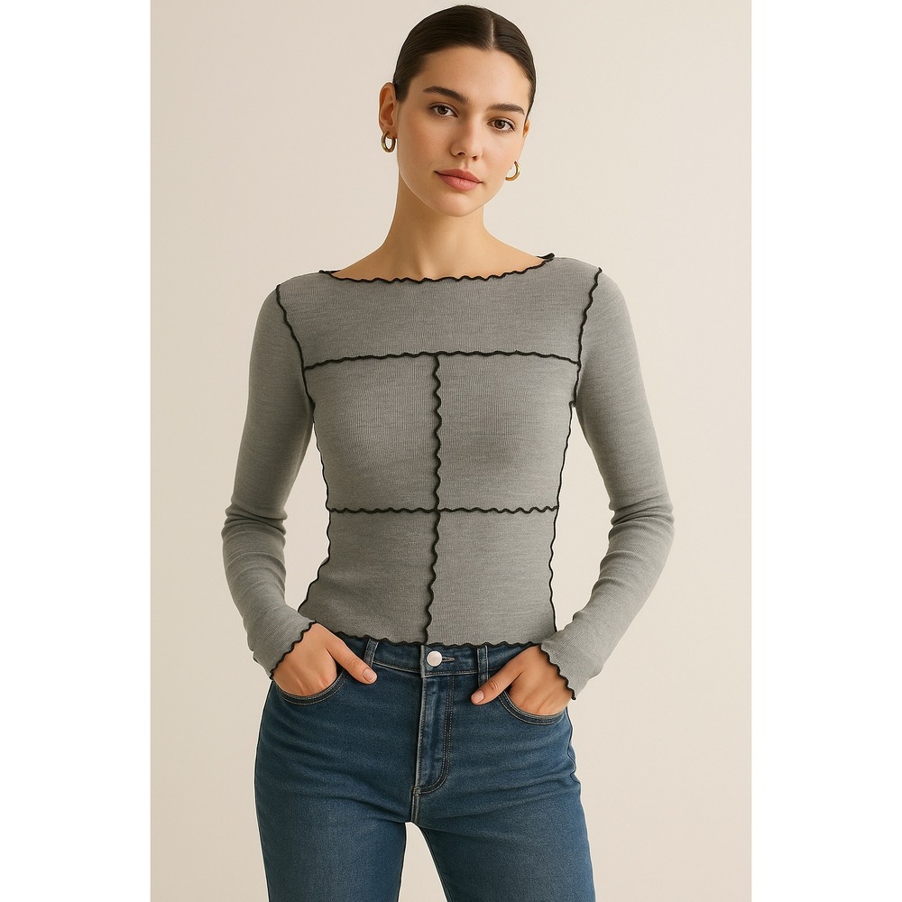 Commense Lettuce Trim Long Sleeve‎ Slim T-Shirt off gray size S